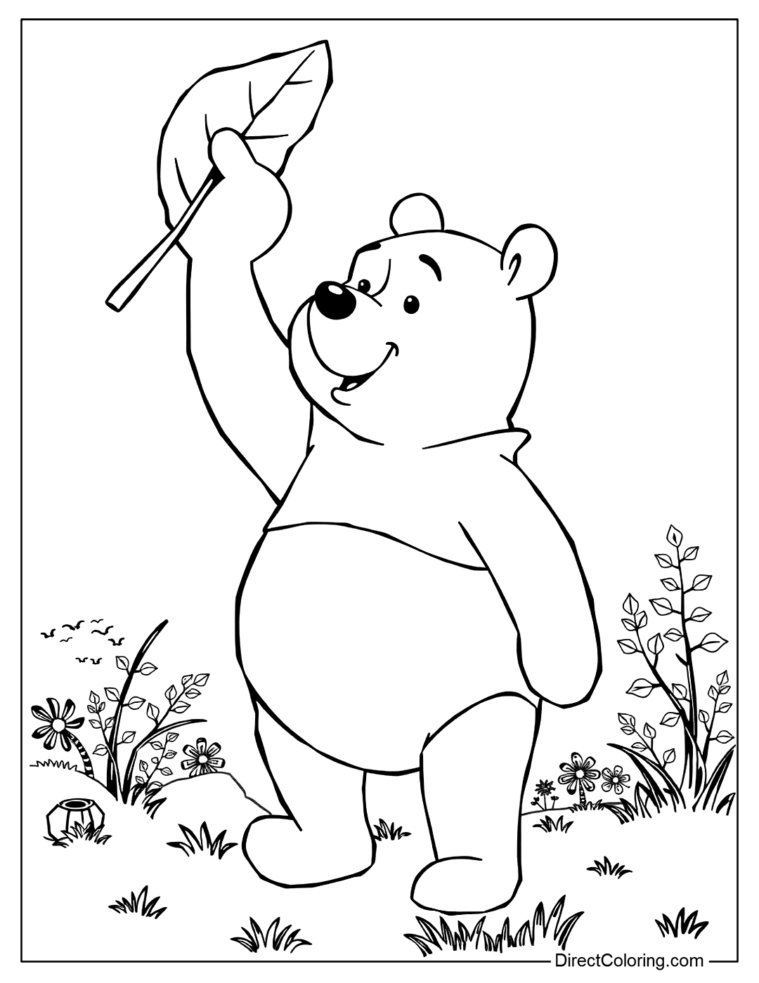 Winnie The Pooh Holding a Leaf Coloring Sheet
